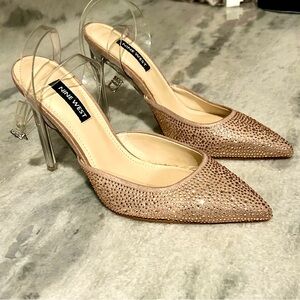Nine West Sparkling Tan Heels with adjustable clear wrap around ankle strap 6.5